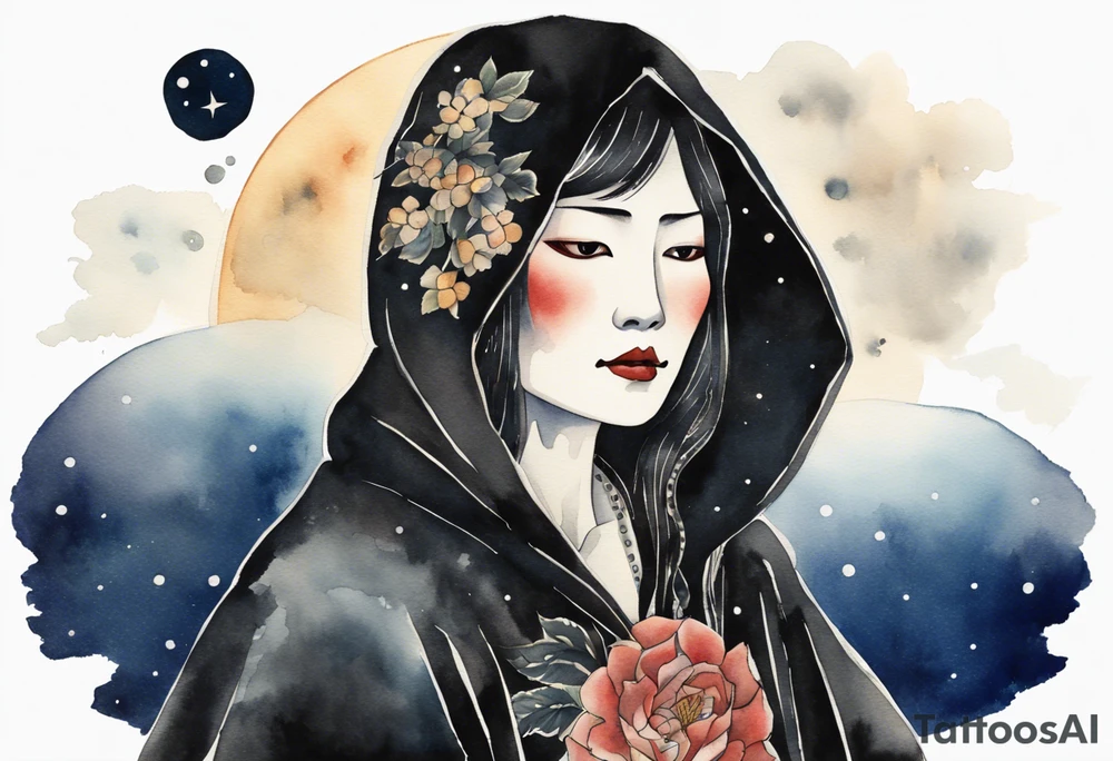 a watercolor of a beautiful 50-year-old Dakota woman wearing black cloak with the night sky in the background tattoo idea