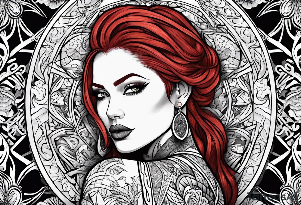 Busty red hair woman with bearded black hair man tattoo idea