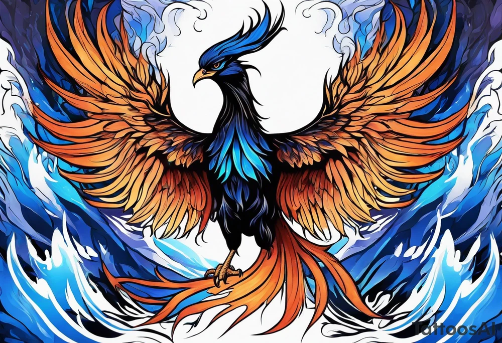 Phoenix Rising From The Ashes, Black And Blue Design With Blue Flame Hues tattoo idea