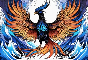 Phoenix Rising From The Ashes, Black And Blue Design With Blue Flame Hues tattoo idea