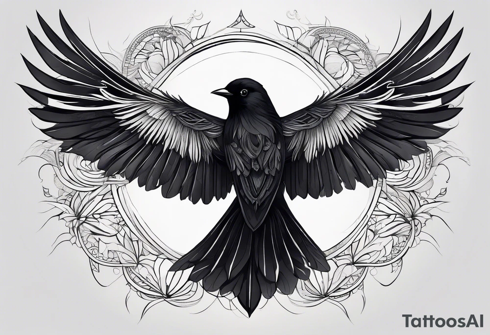 A detailed drawing of a black bird with outstretched wings, showcasing intricate feather patterns. The bird is centered on a plain white background, capturing a realistic and dynamic pose that emphasizes its wingspan and form. tattoo idea