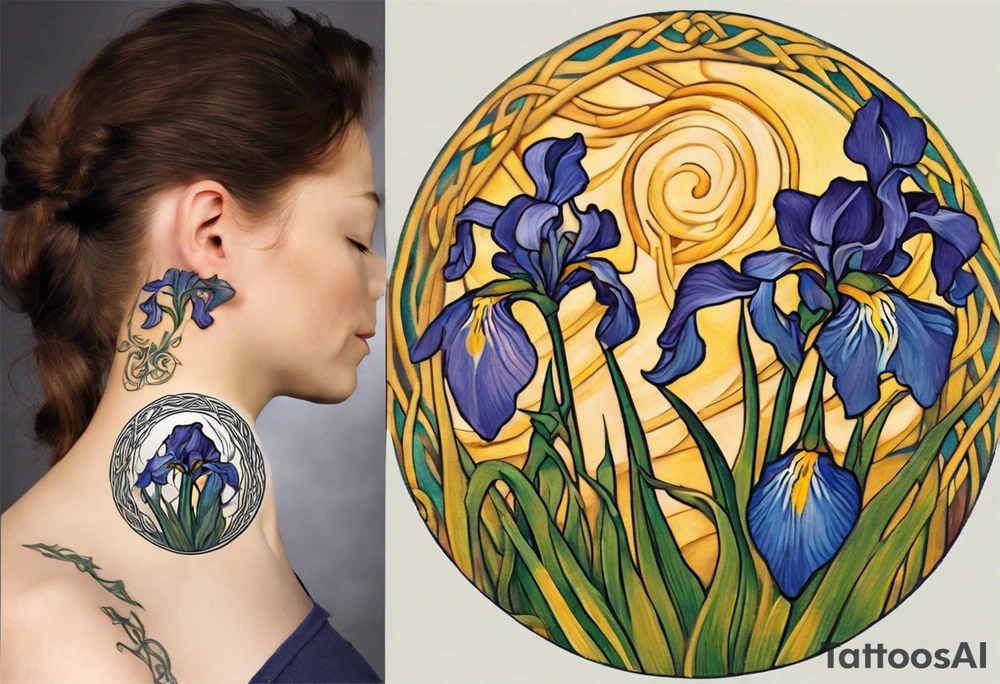Create a condensed, thick, colorful Vincent van Gogh's Irises tattoo, with vines in Celtic knots gracefully holding mountains. The intended placement is on the upper chest. The overall design should be small in size while maintaining a delicate and artistic aesthetic. Pay attention to the graceful flow of the vines and the placement of the irises to achieve a refined and elegant look. tattoo idea