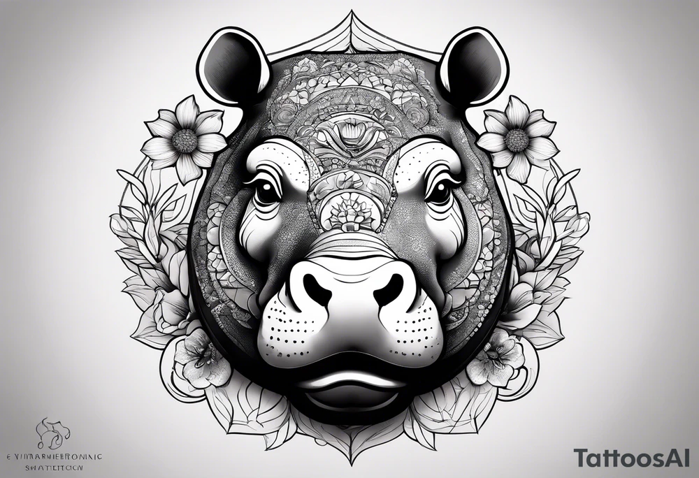 A symbolic hippo head with a detailed realistic full moon on upper right corner and wintersweet flower on lower left corner tattoo idea