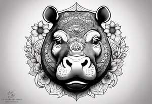 A symbolic hippo head with a detailed realistic full moon on upper right corner and wintersweet flower on lower left corner tattoo idea