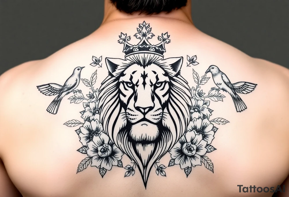 powerful majestic lion with a crown, surrounded by floral ornaments and birds tattoo idea