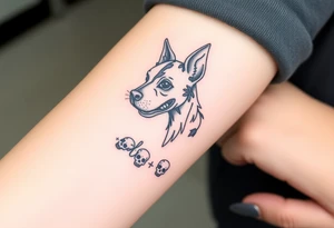 Half dead half alive zombie Brindle dog with the name kiwi . And some tiny skulls tattoo idea