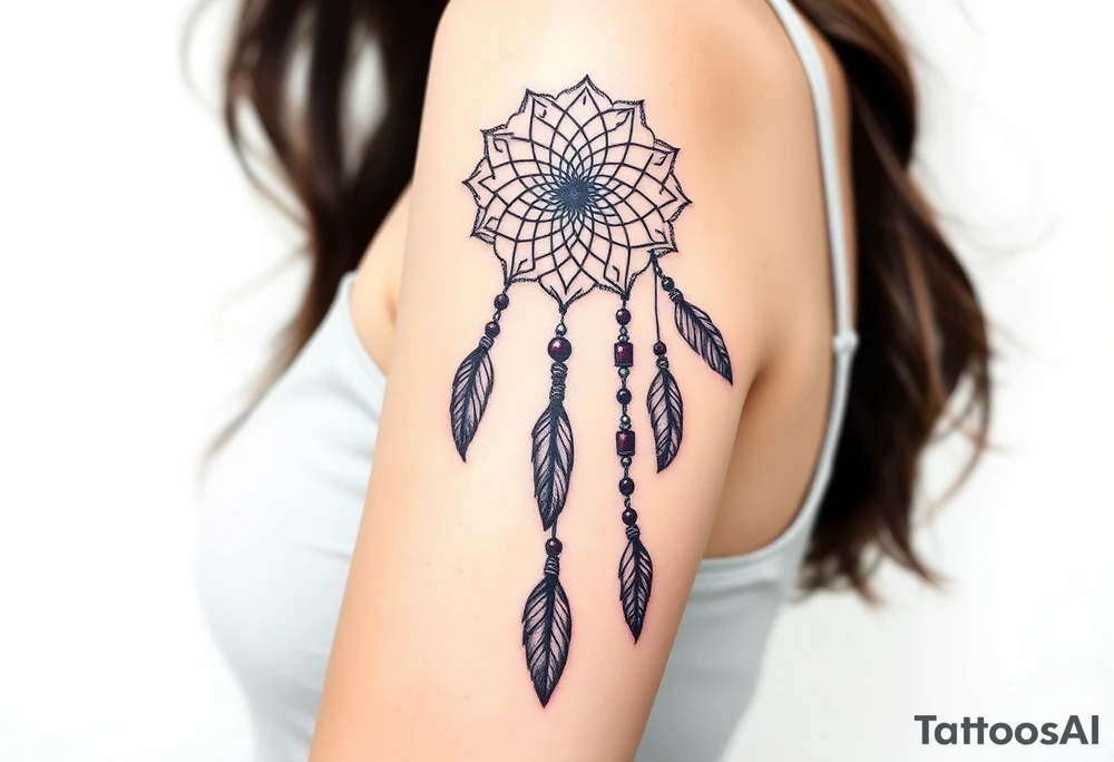 native dreamcatcher with flowing feathers and sacred beads tattoo idea