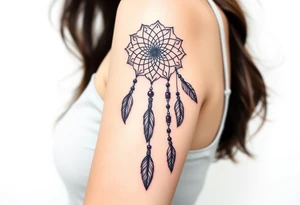 native dreamcatcher with flowing feathers and sacred beads tattoo idea
