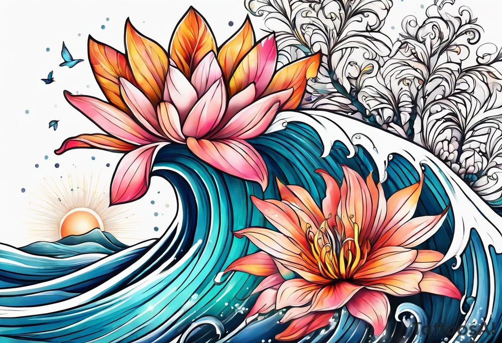sea,, night, flower, palm, tattoo idea