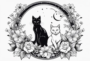 2 cats in laid crescent moon with flowers tattoo idea
