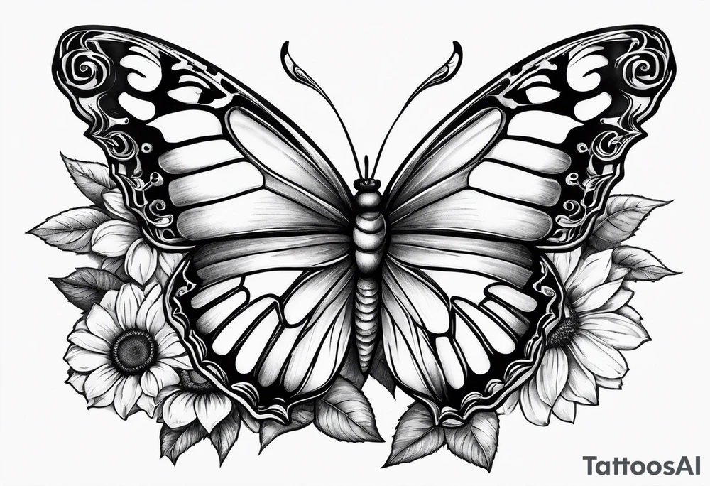 Butterfly sur sunflower et rose flower et bleu flower rose en dessous un livre qui est à  côté d'une camera tattoo idea