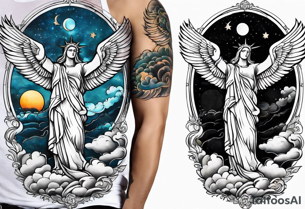 Sun and moon seen behind clouds over Christ the redeemer statue tattoo idea