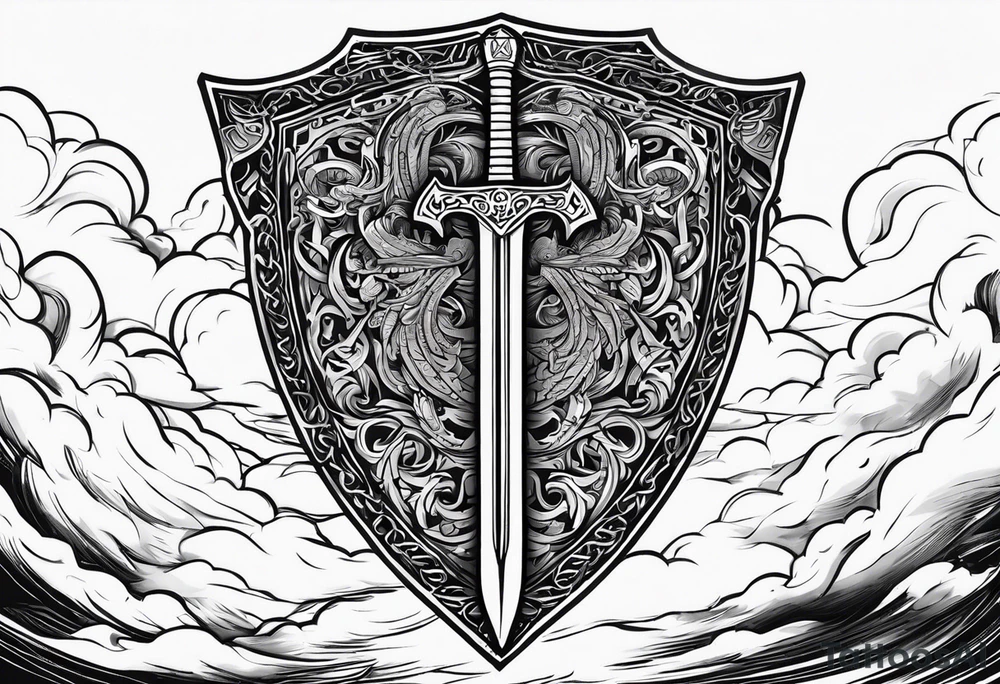 Valhalla sword fire chains shield clouds tattoo idea