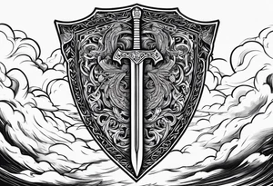 Valhalla sword  fire chains shield clouds tattoo idea