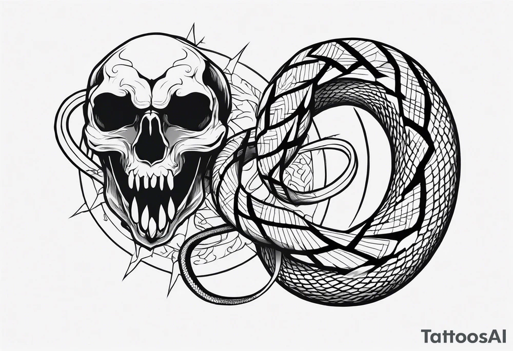 Aggresive Snake with skull, also the design must be vertical. Also, the desing must be minimalistic not saturated. Remember the vertical proportion of the design. tattoo idea