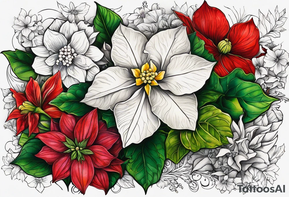 Hydrangea, Narcissus, Poinsettia, Holly, Gladiolus, Poppy, Daisy, Sweet Pea floral tattoo idea
