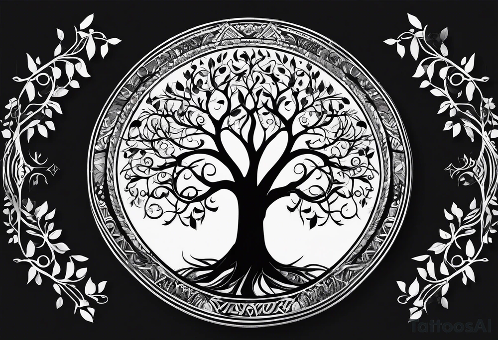 Circular tree of life, with "D3" in the branches, and, "S" and "J" in the roots tattoo idea