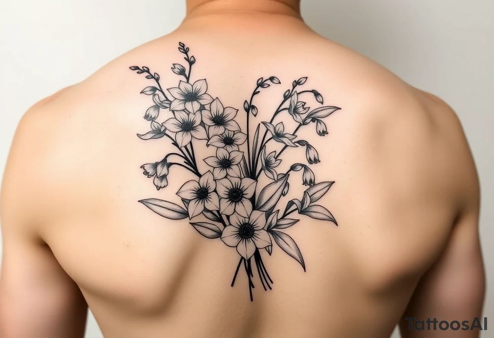Larkspur and lily of the valley bouquet tattoo idea