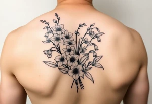 Larkspur and lily of the valley bouquet tattoo idea