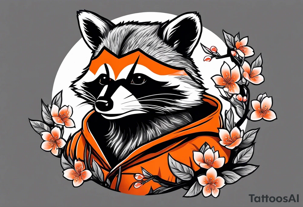 Raccoon wearing a white Superman logo on a black hoodie and orange Japanese cherry blossoms beside tattoo idea