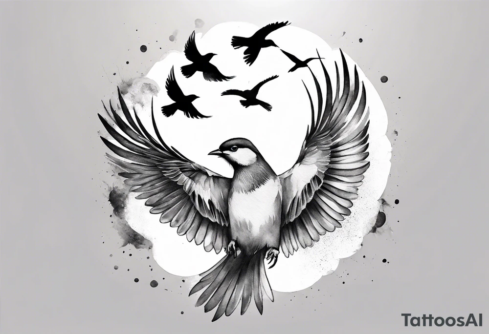 shoulder tattoo with light rays with birds flying free among the clouds, round shape, 3d effect tattoo idea