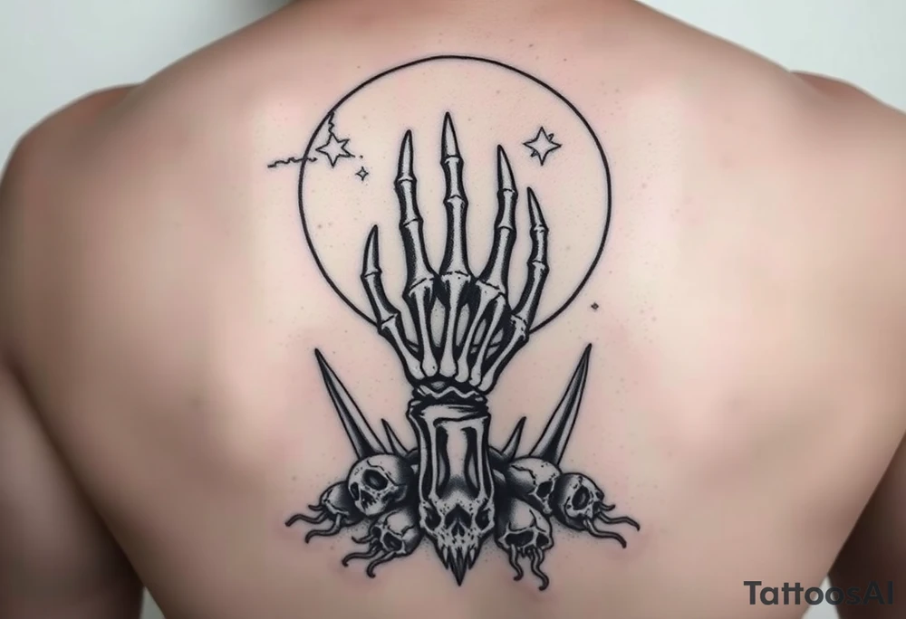 zodiac cancer skeletal hand snile with fangs on a fyull bloody moon surrounded by dead quids
 and a hellishly starry sky tattoo idea