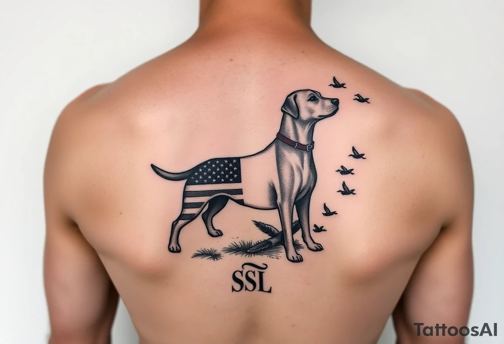 Hunting tattoo featuring an upland dog silhouette, Italian and American flag, SSL initials, with some ducks in sky tattoo idea