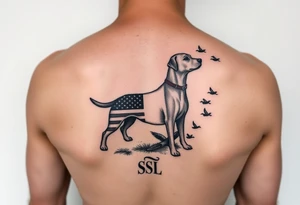 Hunting tattoo featuring an upland dog silhouette, Italian and American flag, SSL initials, with some ducks in sky tattoo idea