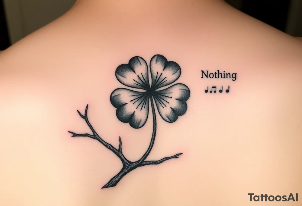 want a medium-sized tree branch as the base. On top of the branch, I want a four-leaf clover that looks like it’s cracking a bit, Around the clover, I want music staff lines forming a neat circle, with little musical notes 🎶 going around it. Then off to the side, I want the quote: ‘Nothing changing, nothing will change. And the picture below I just want the designs with red  and the little dots and little music notes 


•	Tree branch (main shape)
	•	Cracked clover (on top)
	•	Circle of music lines with music notes (around it)
	•	then Quote on the side tattoo idea