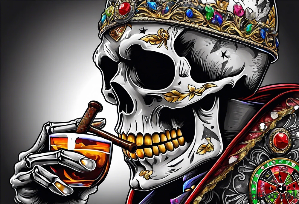 skeleton smoking cigar with poker chips, dealing the cards
"Don't deal with the devil" tattoo idea