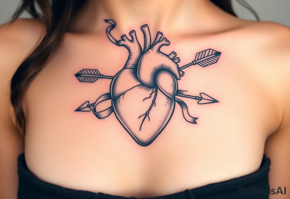 anatomical heart pierced by ornate arrow with flowing ribbons tattoo idea