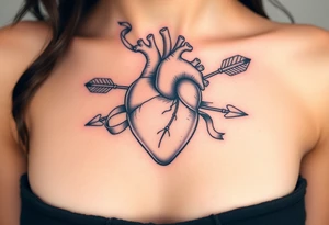 anatomical heart pierced by ornate arrow with flowing ribbons tattoo idea