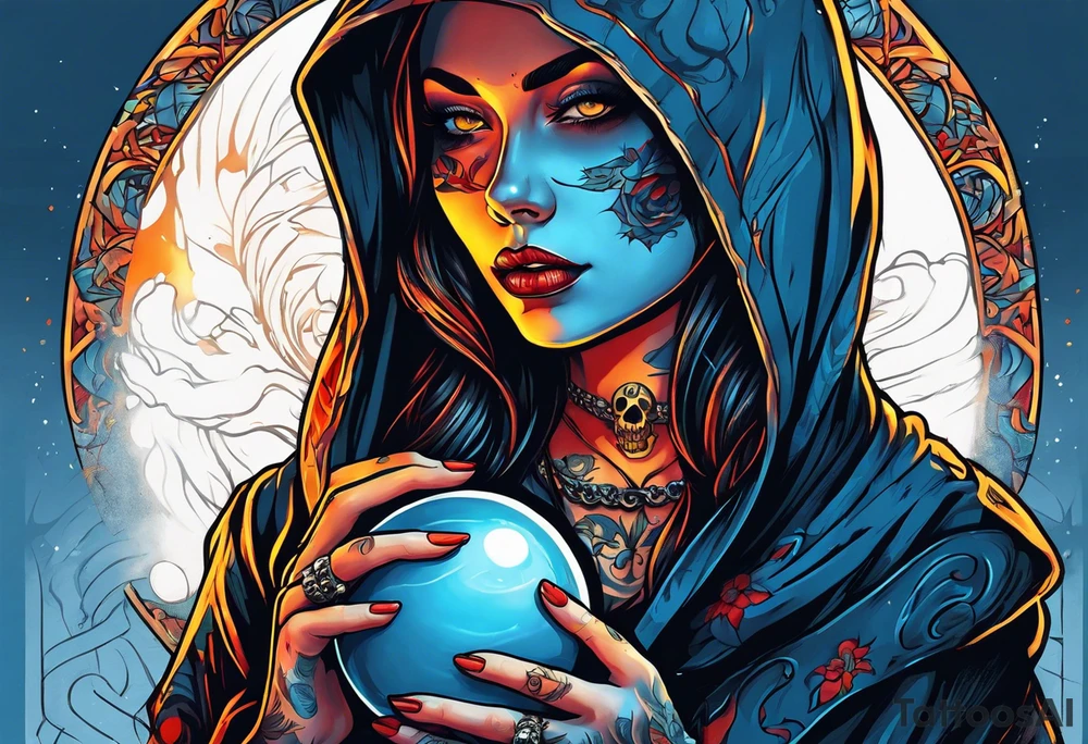 Bright bold Neo traditional tattoo scarred hooded woman with skulls and blood Holding a blue glowing sphere.  Orange, yellow, red, blue colors tattoo idea