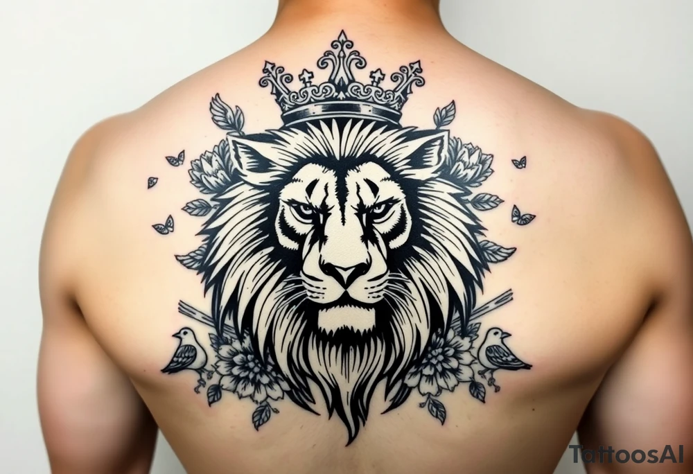 powerful majestic lion with a crown, surrounded by floral ornaments and birds tattoo idea
