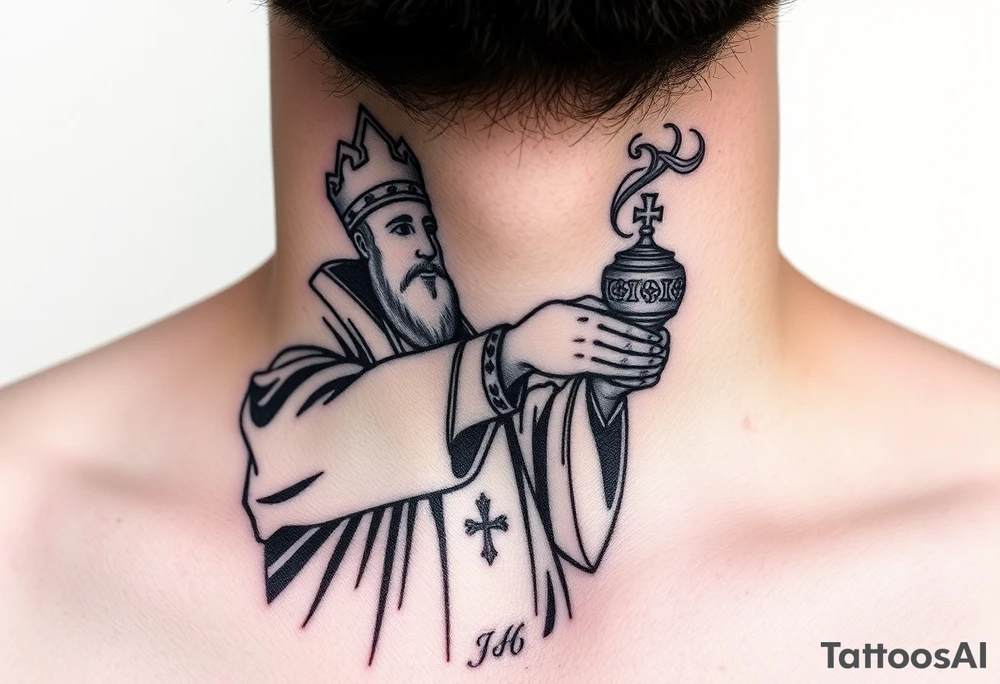 Russian Orthodox Priest in fully detailed vestment swinging a censer with smoke curling upward tattoo idea