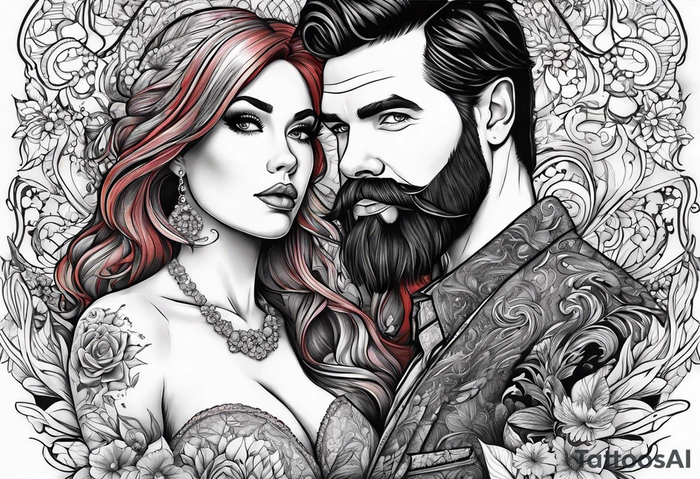 Busty red haired woman with a bearded man who has black hair getting married tattoo idea