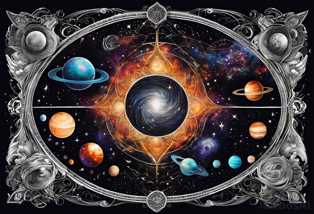 A tattoo featuring a cosmic scene with planets, black holes, and supernovae intertwined with intricate linguistic symbols, reflecting the client's interests in cosmology and linguistics. tattoo idea
