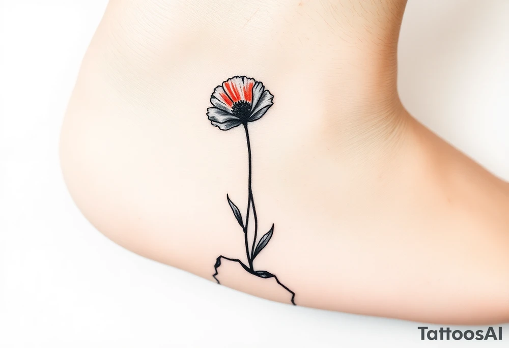 Single line drawing, artsy style, poppy growing up from cracks in pavement red watercolor coloring on poppy only back of ankle/heel or back of upper arm, more artistic rendering of cracks, very minimal/simplistic design tattoo idea