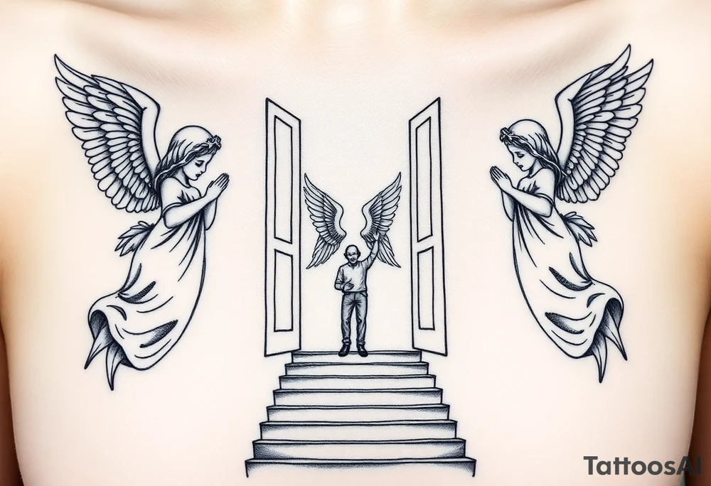 3 angels holding open the gates of heaven with the male figure walking up the steps.Saying fly high baby boy Realistic angels tattoo idea