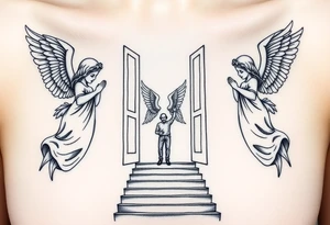 3 angels holding open the gates of heaven with the male figure walking up the steps.Saying fly high baby boy Realistic angels tattoo idea