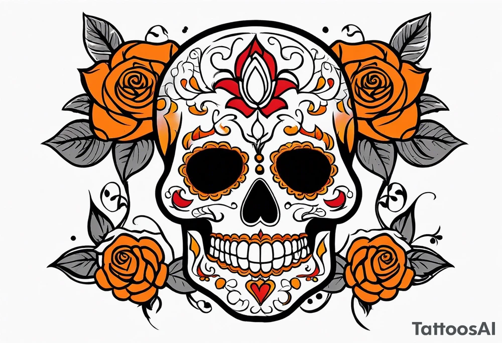 Orange Sugar skull with roses that are orange and red with smoke around it tattoo idea
