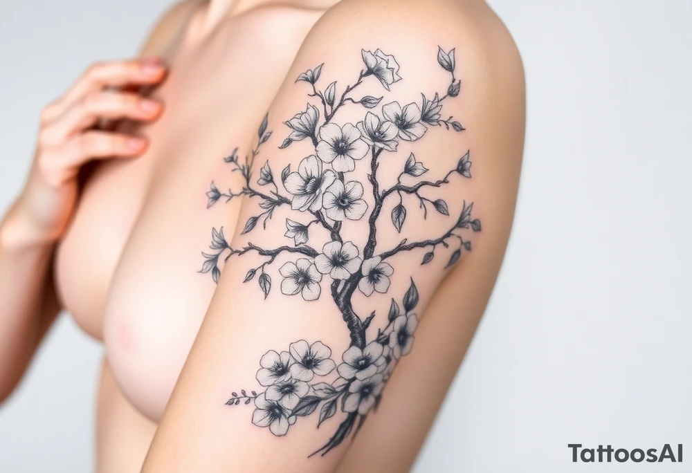 Body of a woman forming a blossoming peach tree and morning glories & cosmo flowers underneath tattoo idea