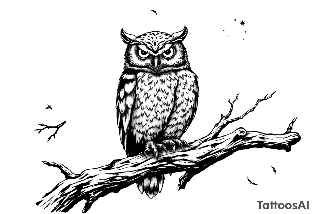 wise owl perched on ancient oak branch under starlit sky tattoo idea