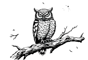 wise owl perched on ancient oak branch under starlit sky tattoo idea
