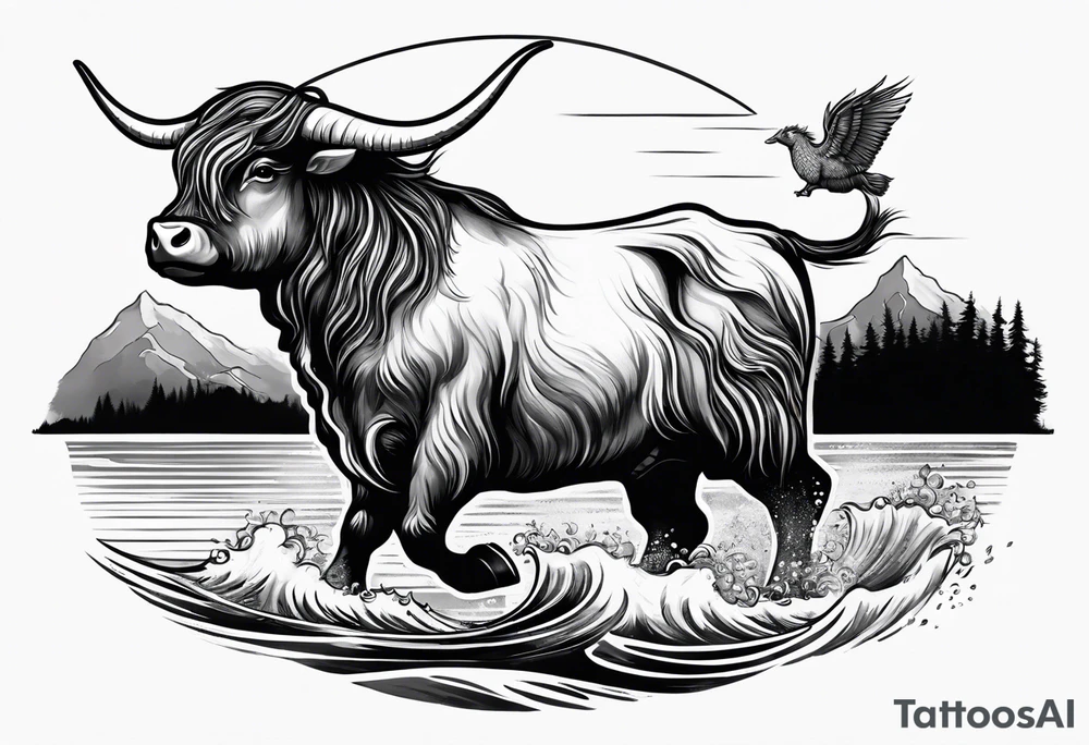 Nessie being ridden by a highland cow tattoo idea