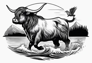 Nessie being ridden by a highland cow tattoo idea