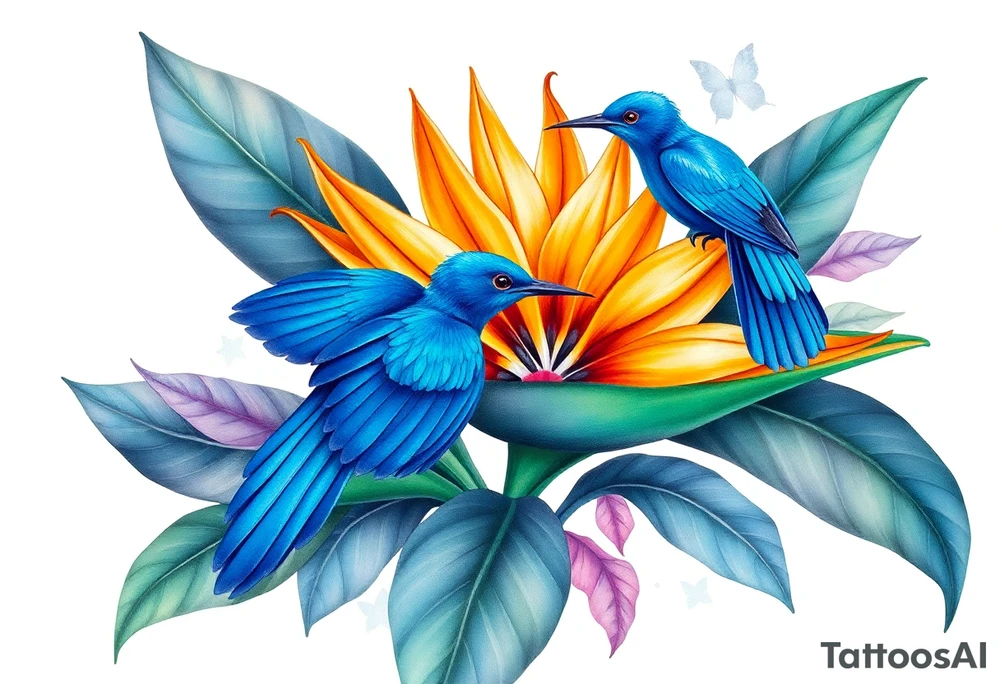 Bird of paradise flower with blue bird tattoo idea