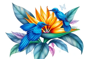 Bird of paradise flower with blue bird tattoo idea
