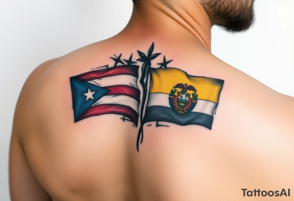 he representative elements of Puerto Rico and Ecuador, highlighting their flags, colors, and cultural symbols in a fluid and harmonious style. tattoo idea