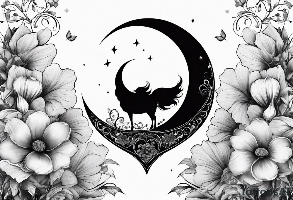 Crescent moon with a heart inside, shrouded by beautiful flowers with wisps of mist tattoo idea